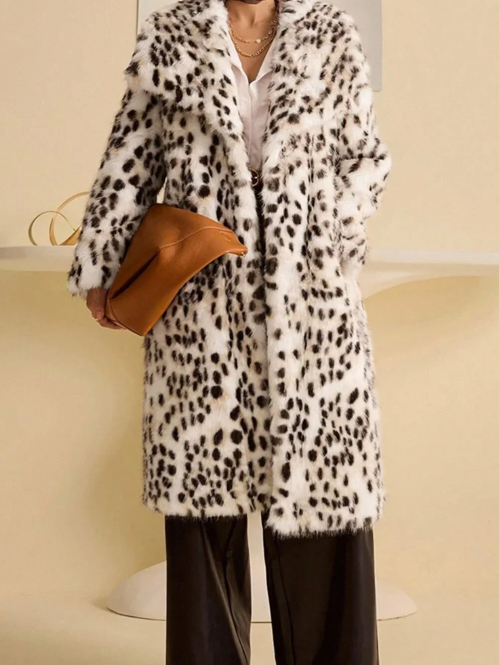 Apricot Party Women's Leopard Print Faux Fur Collar Long Coat